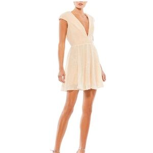 Mac Duggal Sequined Cap Sleeved Fit & Flare Mini Dress In Porcelain 26306